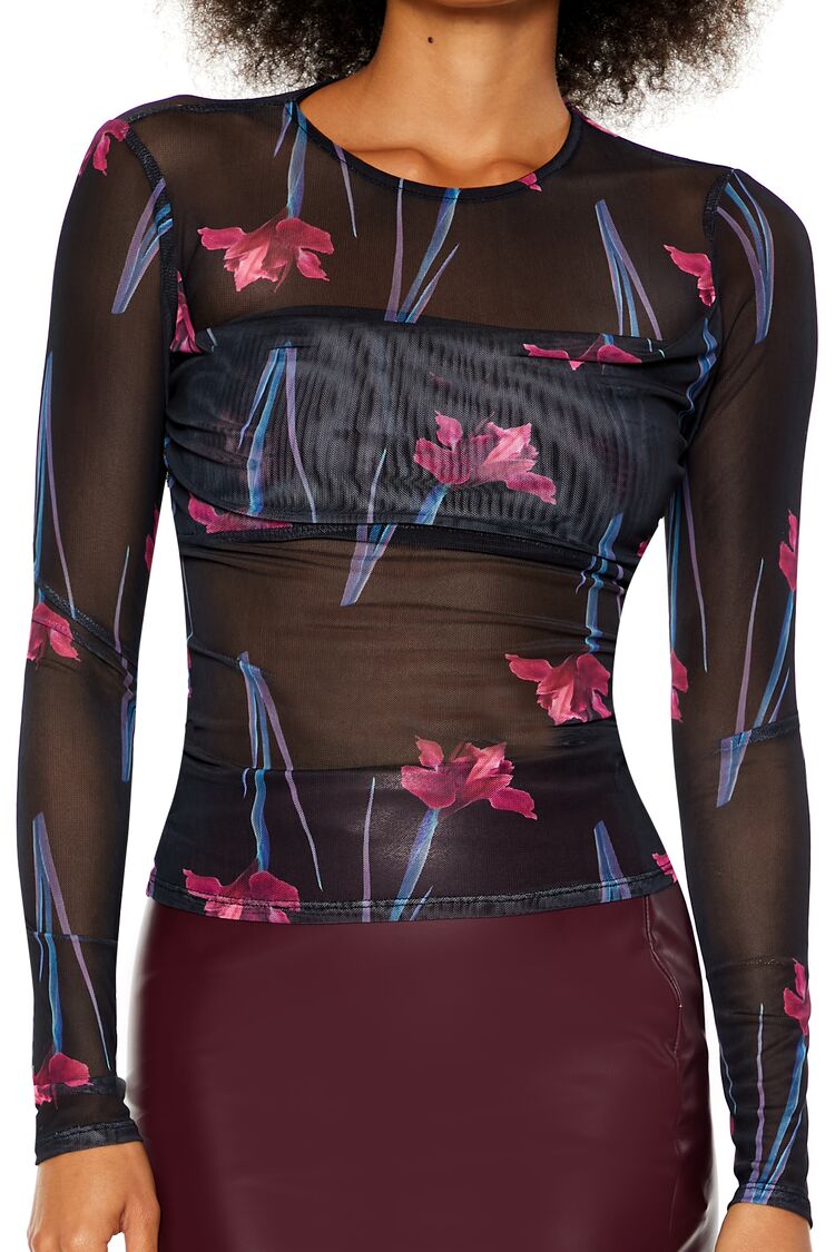 Sheer Floral Print Mesh Top - Image 3