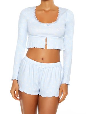 Bow Print Flounce Pajama Crop Top