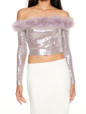 Faux Fur-Trim Sequin Crop Top