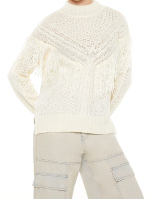 Fringe-Trim Mock Neck Sweater