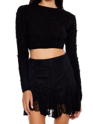 Beaded Cropped Cable Knit Sweater