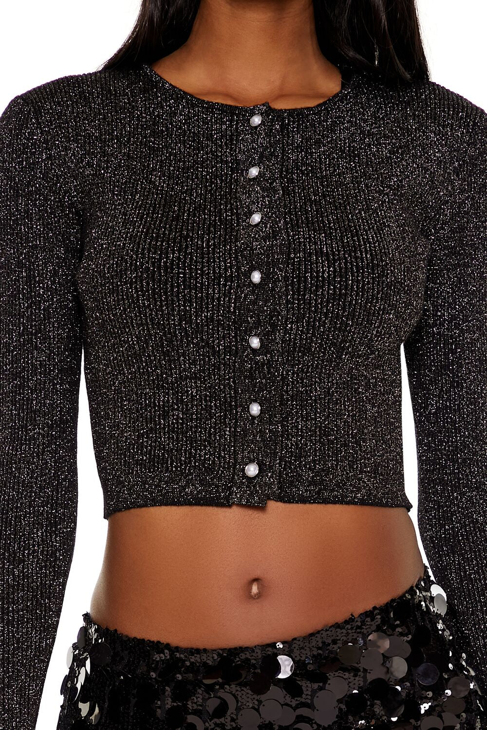 Faux Pearl Glitter Cardigan Sweater - Image 3
