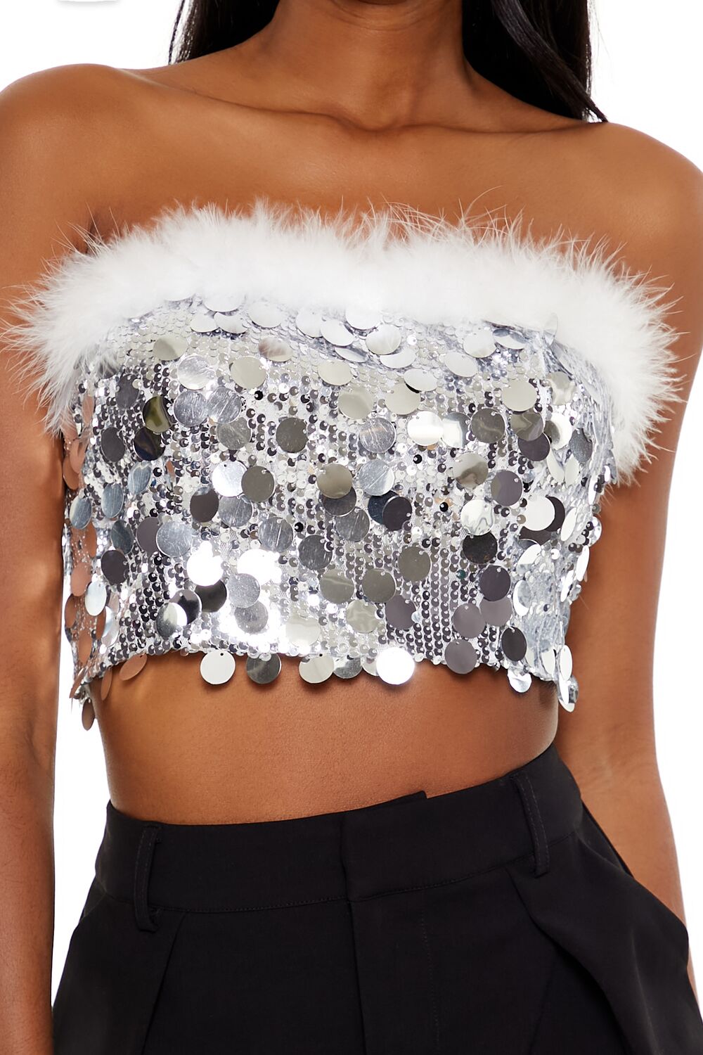 Sequin Faux Feather-Trim Tube Top - Image 3