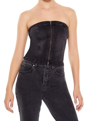 Denim Zip-Front Cropped Tube Top