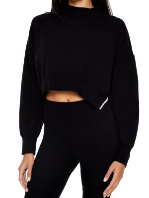 Faux Pearl-Trim Cropped Sweater