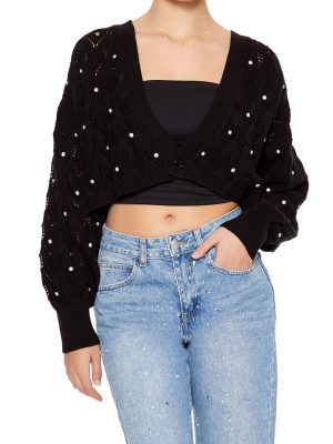 Faux Gem Cropped Cardigan Sweater