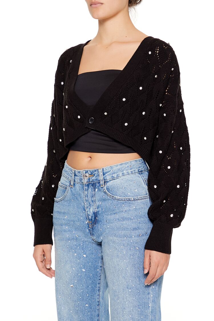 Faux Gem Cropped Cardigan Sweater - Image 4