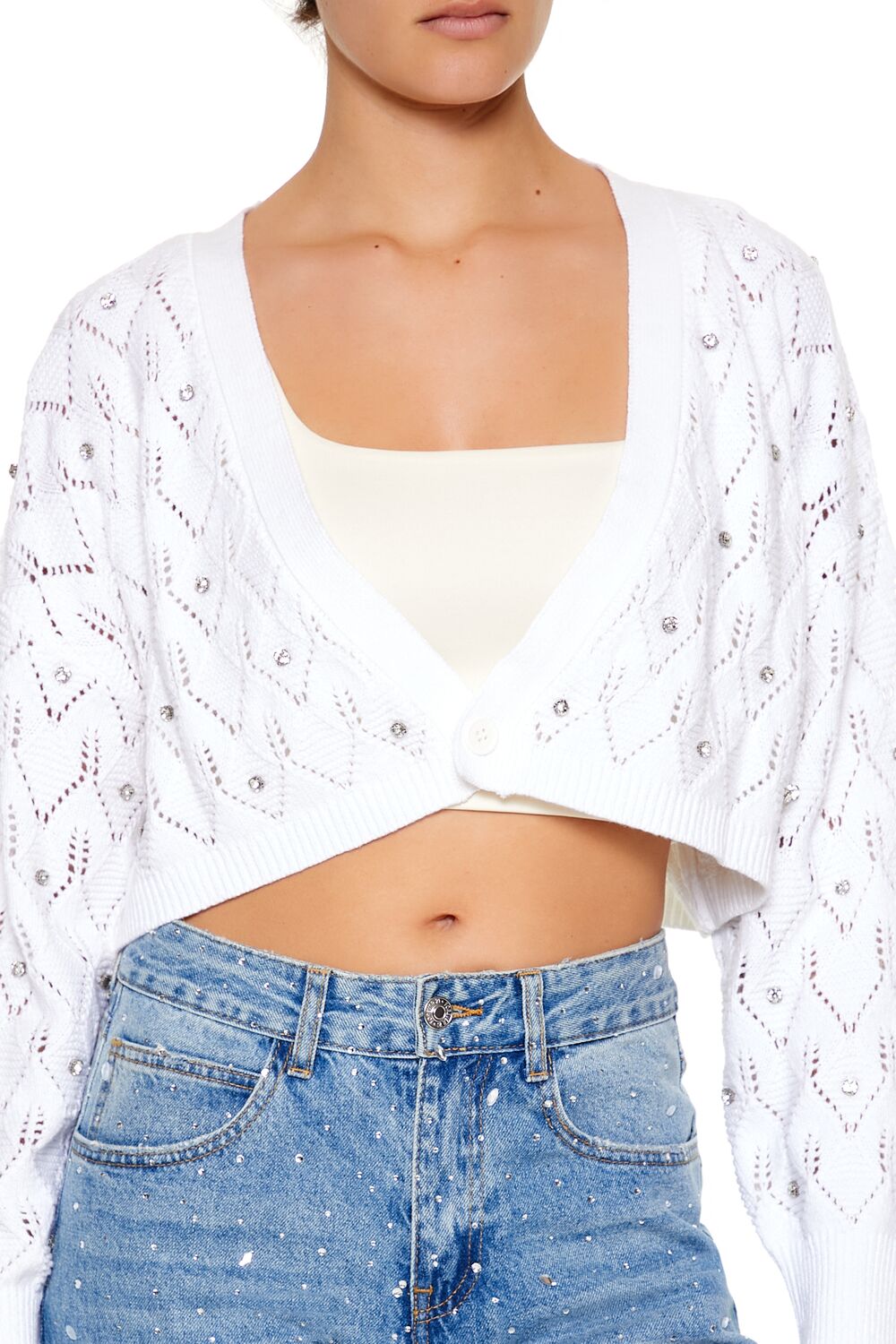 Faux Gem Cropped Cardigan Sweater - Image 8