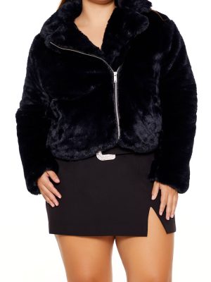 Plus Size Notched Faux Fur Coat