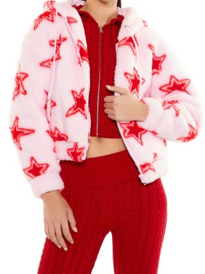 Faux Shearling Star Print Hoodie