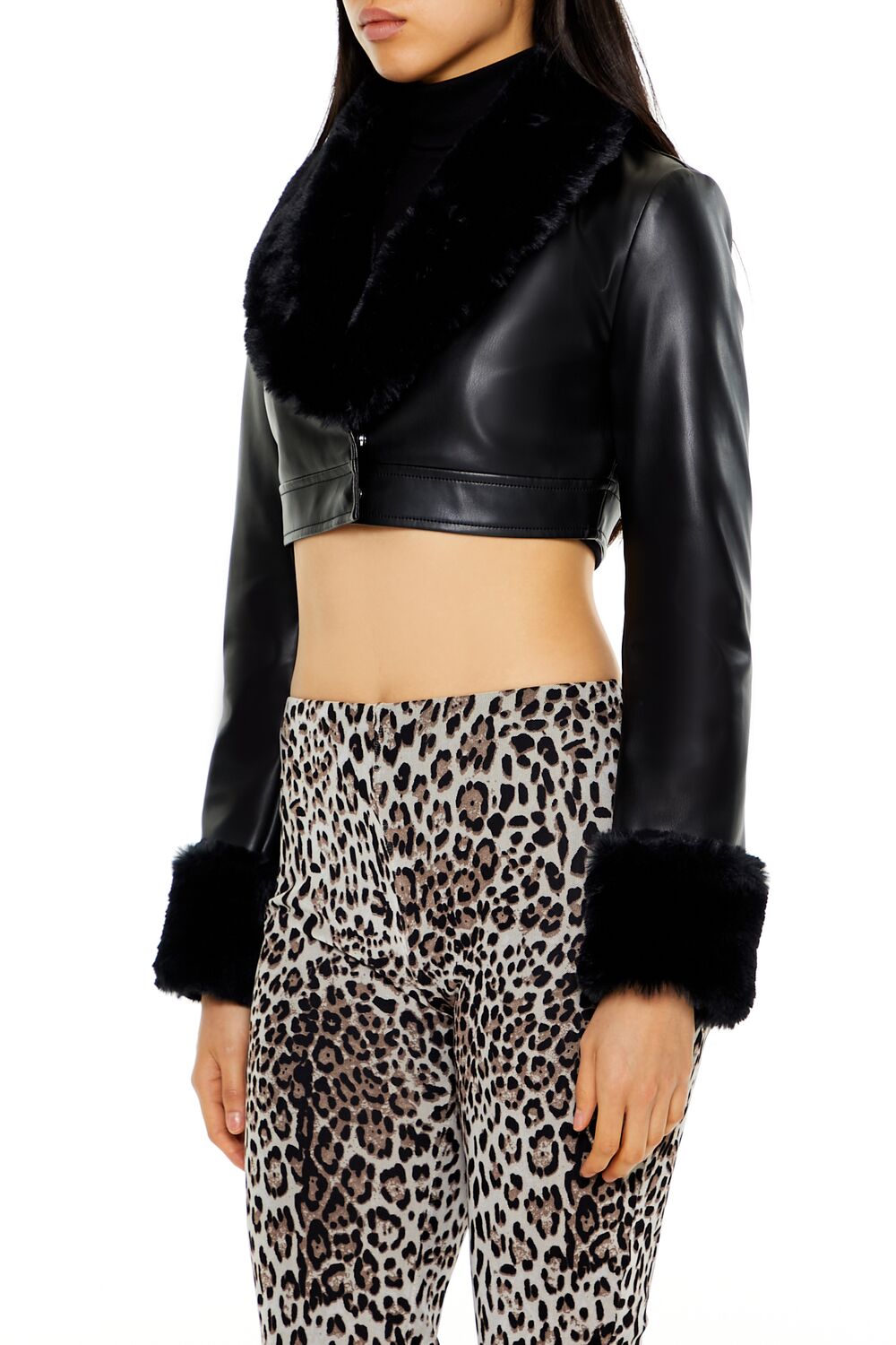 Faux Leather & Fur Cropped Jacket - Image 4