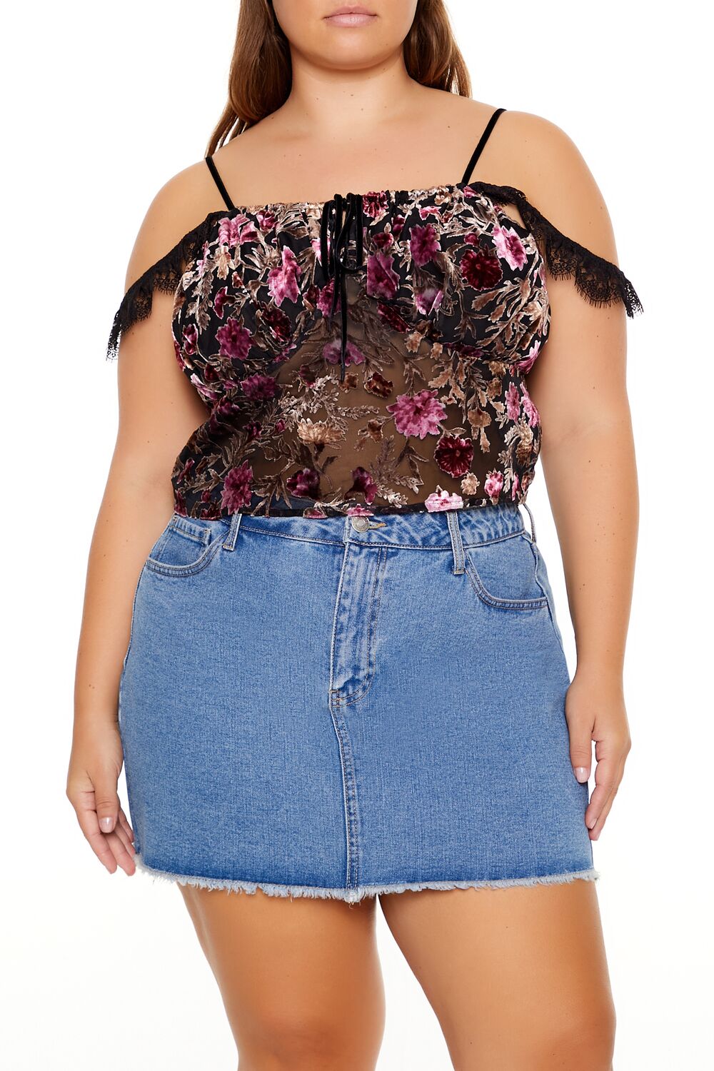 Plus Size Eyelash Lace-Trim Floral Crop Top