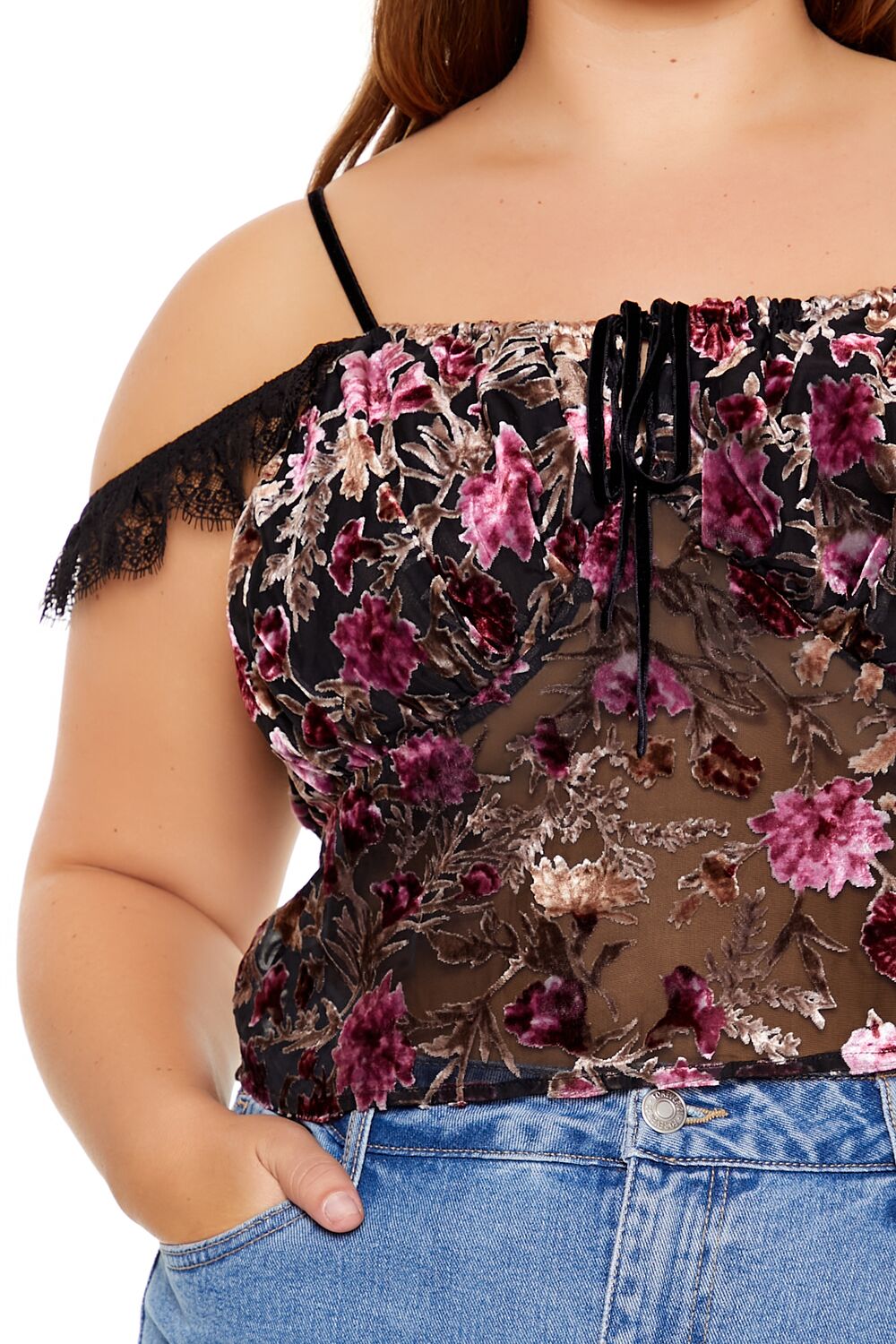 Plus Size Eyelash Lace-Trim Floral Crop Top - Image 3