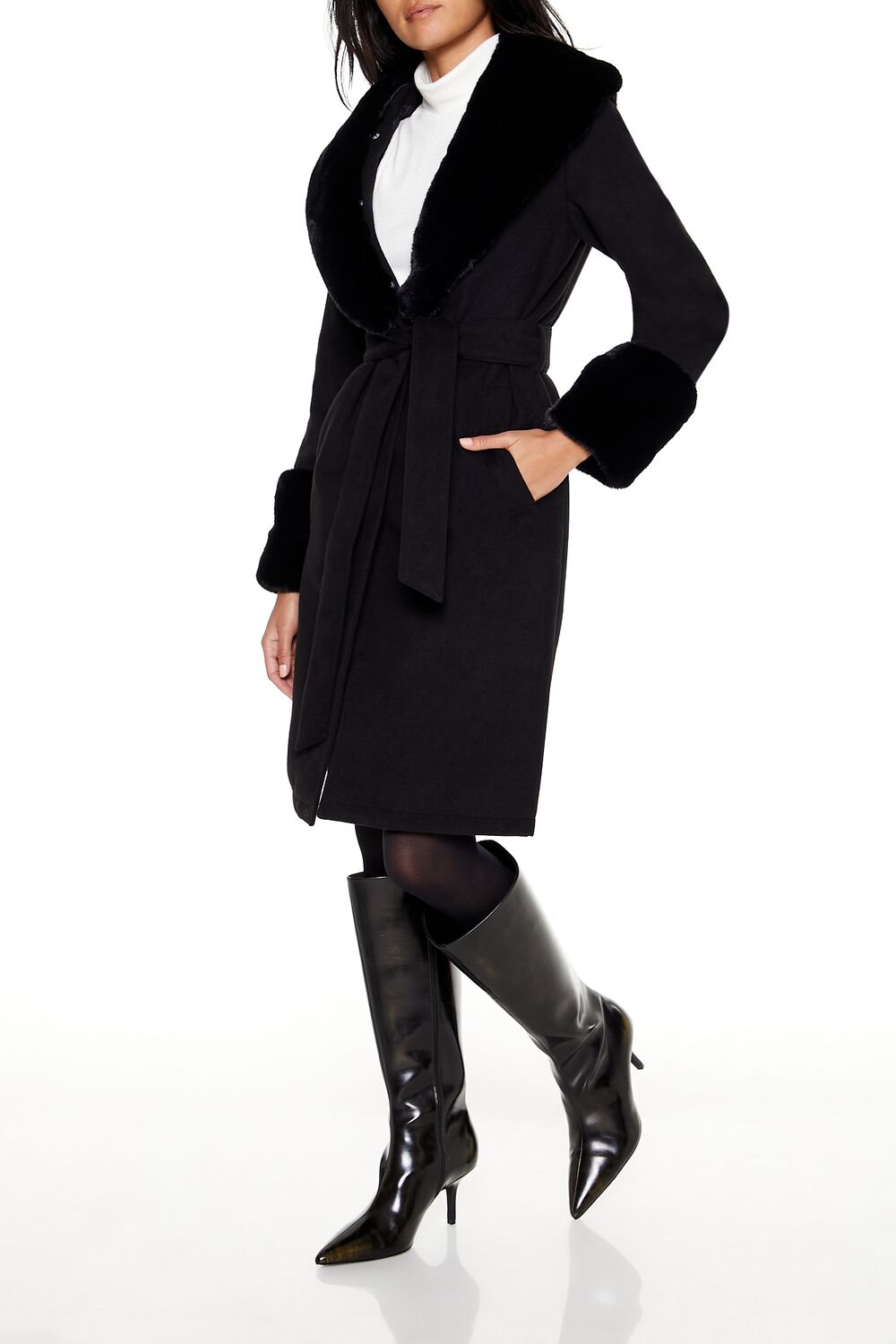 Faux Fur-Trim Faux Suede Wrap Coat - Image 3