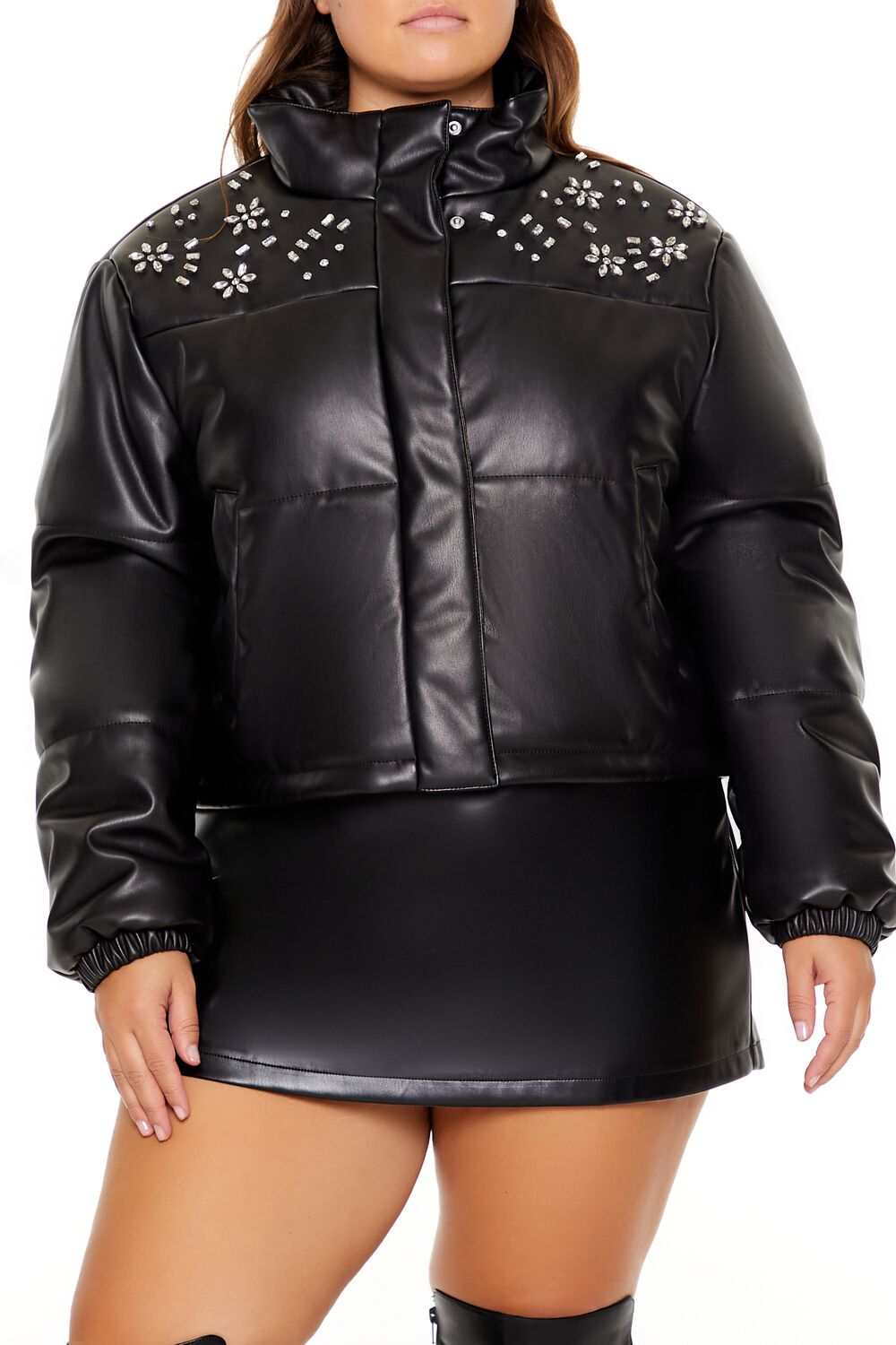 Plus Size Faux Leather Puffer Jacket - Image 3