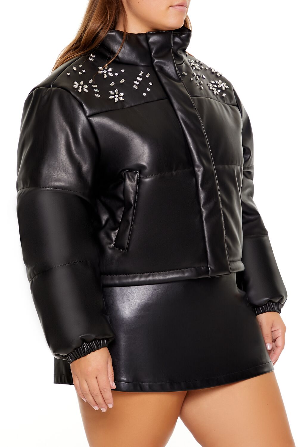 Plus Size Faux Leather Puffer Jacket - Image 4