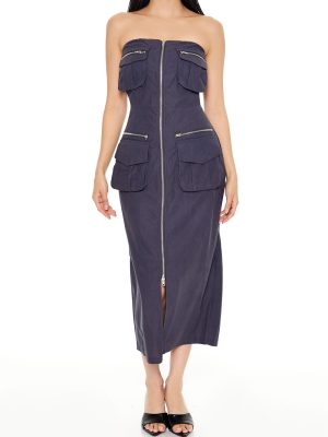 Strapless Zip-Up Cargo Midi Dress