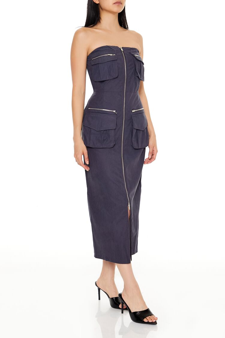 Strapless Zip-Up Cargo Midi Dress - Image 3
