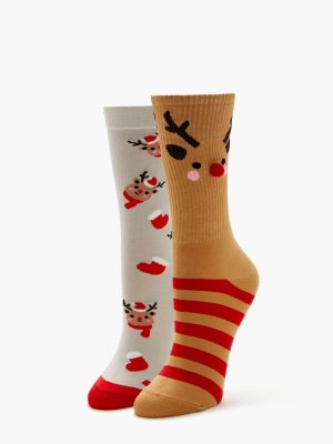 Reindeer Pom Pom Crew Socks - 2 pack