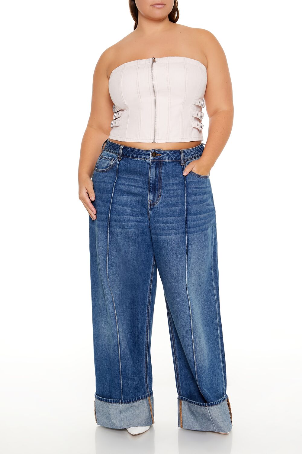 Plus Size Denim Zip-Up Tube Top - Image 2