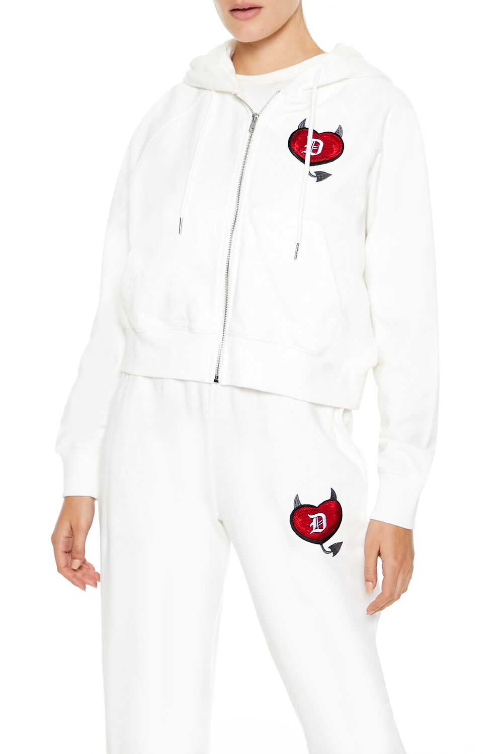 Embroidered Devil Heart Zip-Up Hoodie