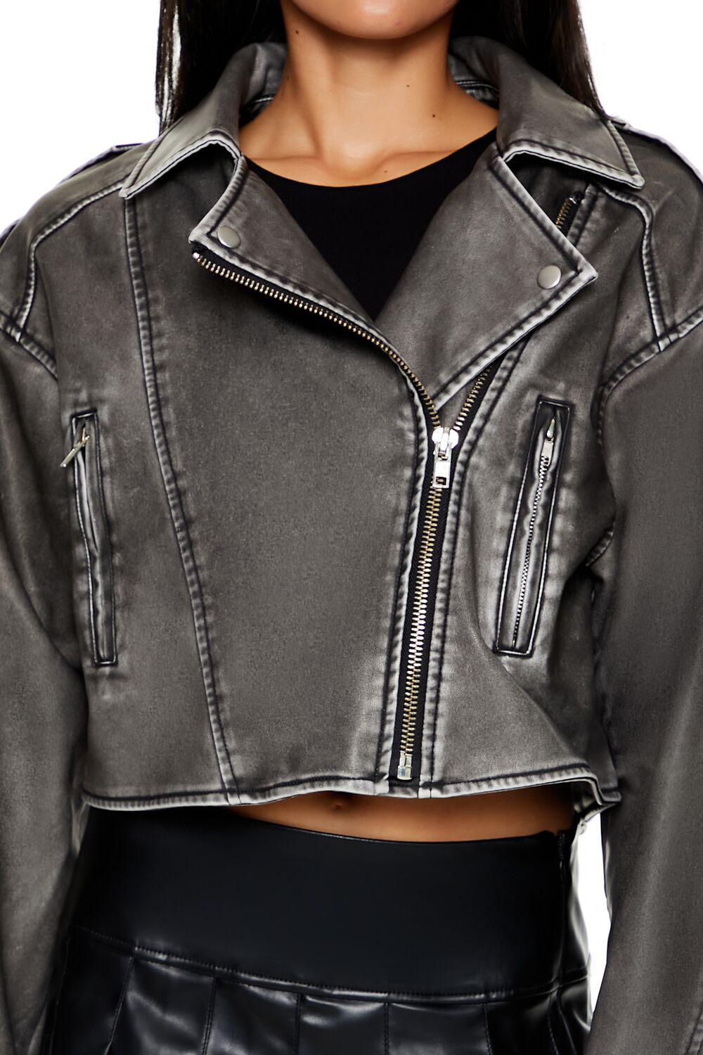 Faux Leather Cropped Moto Jacket - Image 3