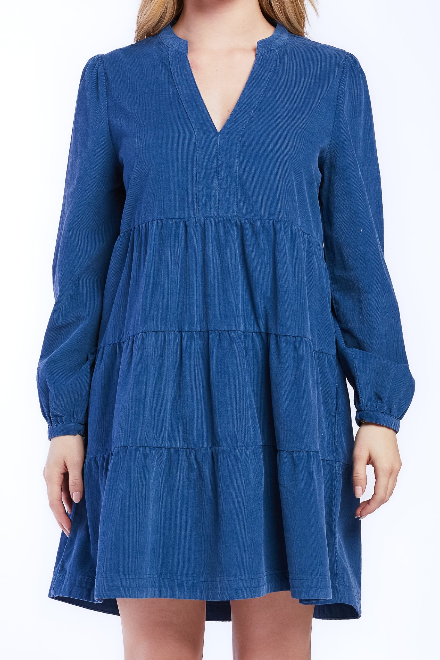 Sherin Long Sleeve With Slight Shoulder Shirring V Neck Banded Collar Three Tier Baby Doll Dress Side Seam Pockets - Image 4