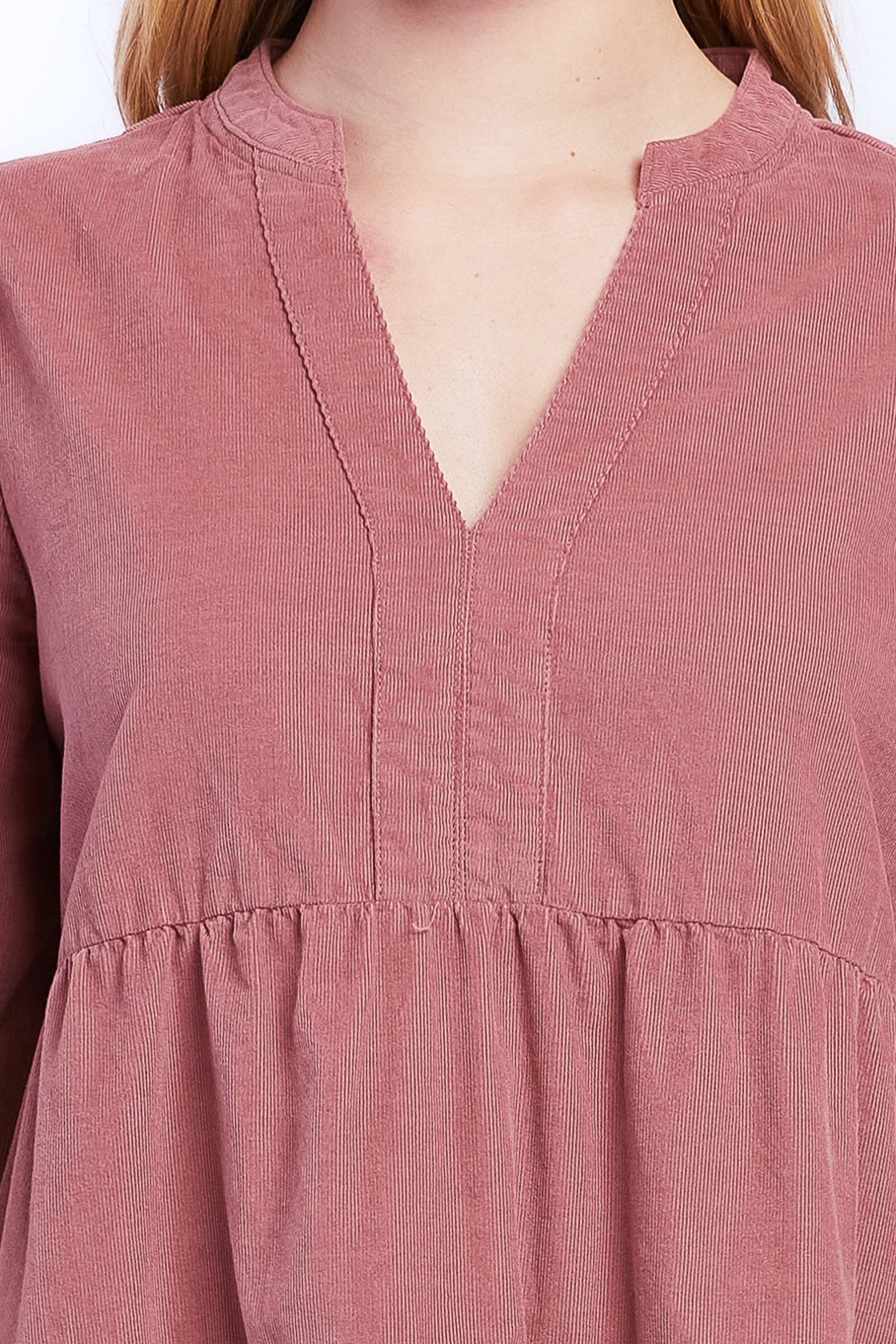 Sherin Long Sleeve With Slight Shoulder Shirring V Neck Banded Collar Three Tier Baby Doll Dress Side Seam Pockets - Image 3