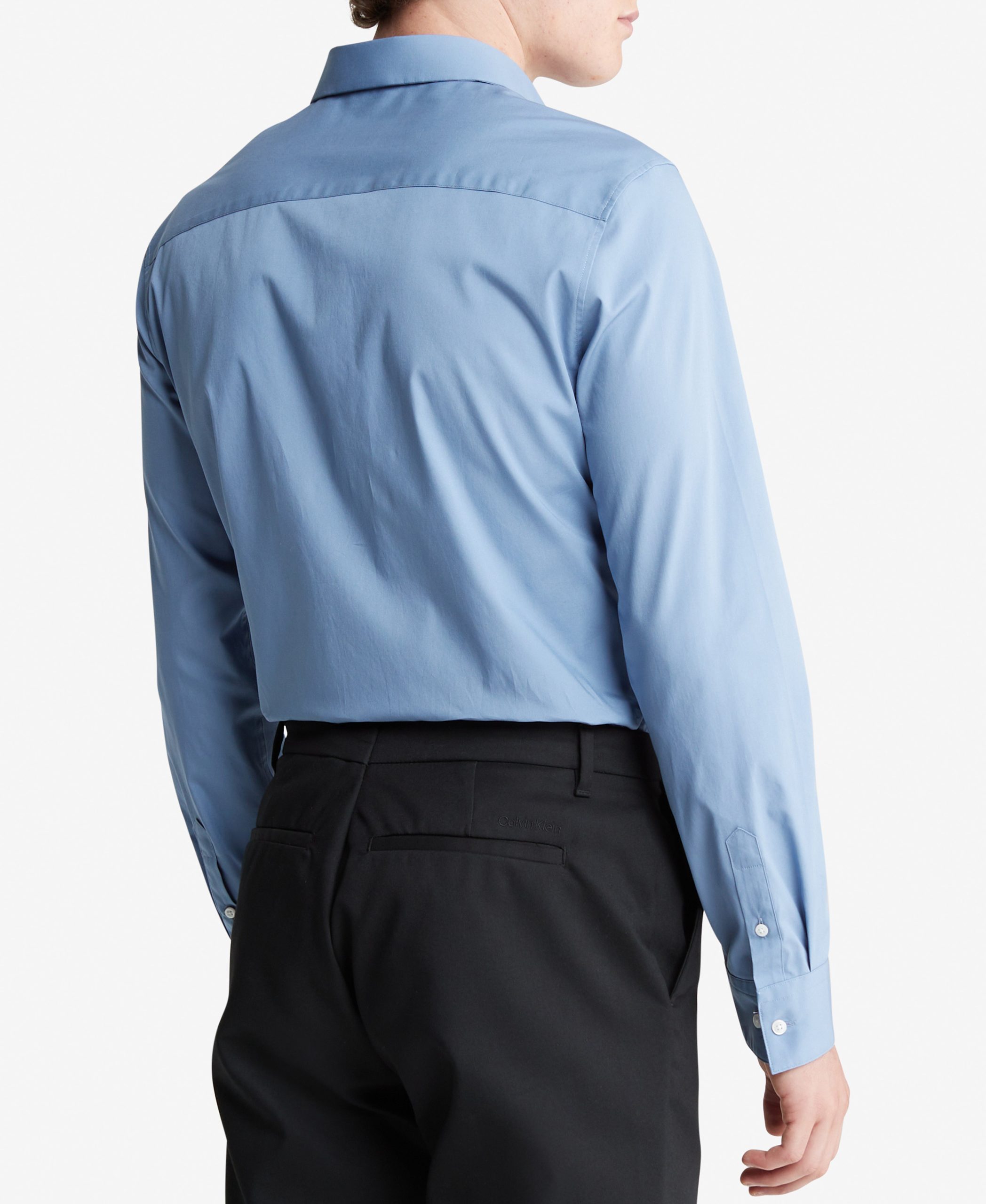Long Sleeve Solid Stretch Slim Woven Shirt Blue - Image 2