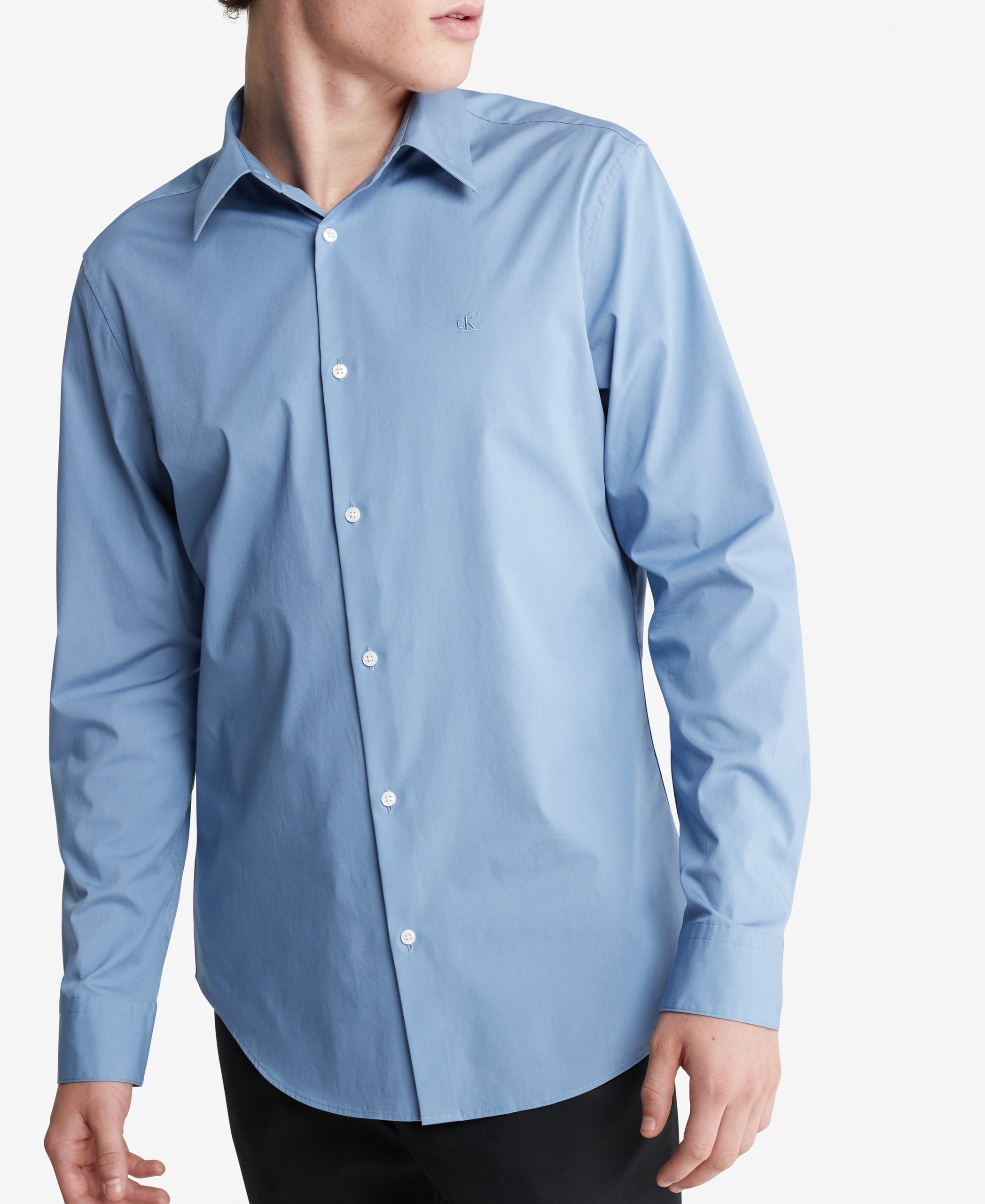 Long Sleeve Solid Stretch Slim Woven Shirt Blue - Image 3