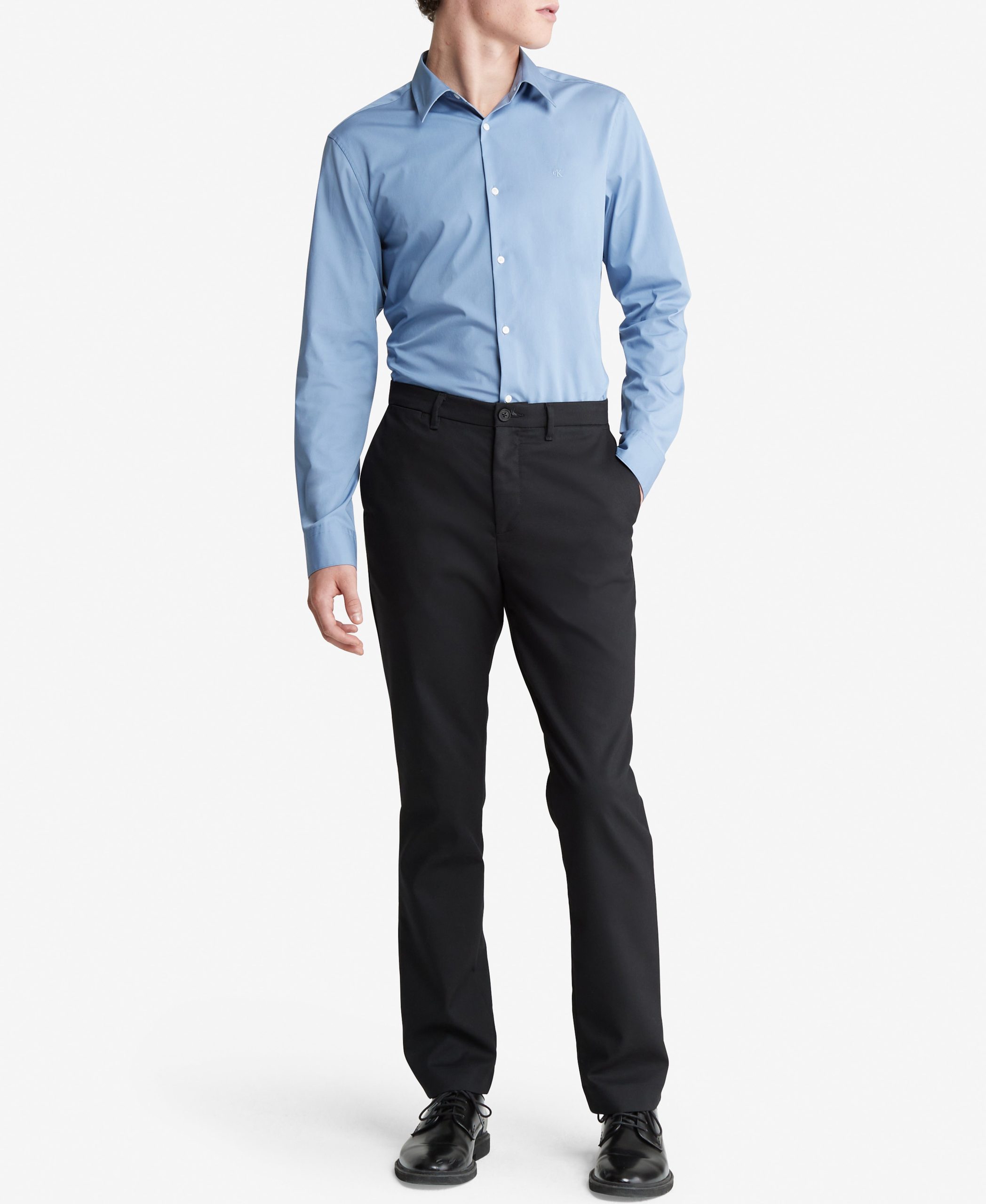 Long Sleeve Solid Stretch Slim Woven Shirt Blue - Image 4