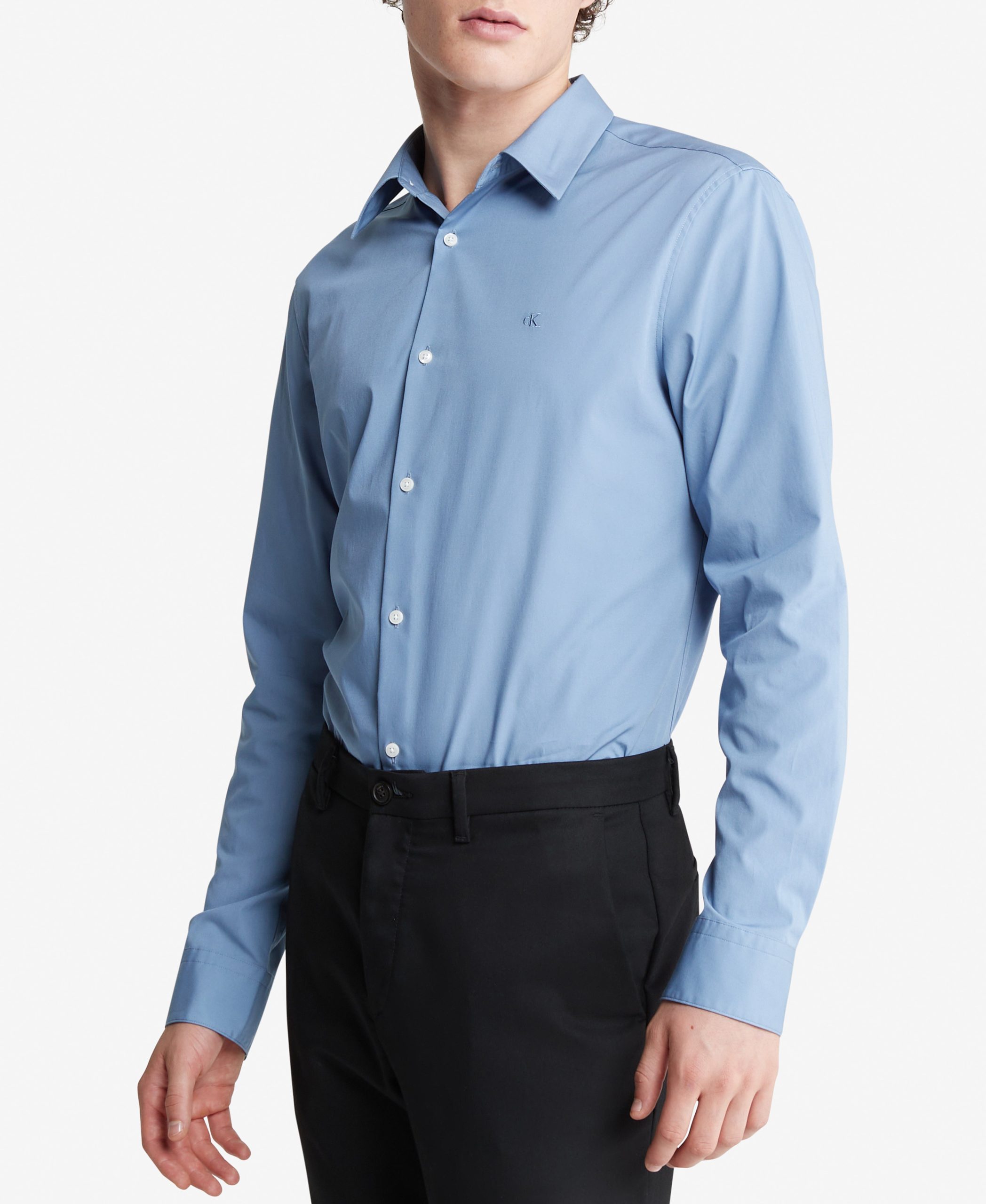 Long Sleeve Solid Stretch Slim Woven Shirt Blue - Image 6