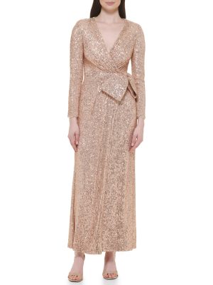 Long Sleeve Surplice Wrap Sequin Gown With Bow Champagne