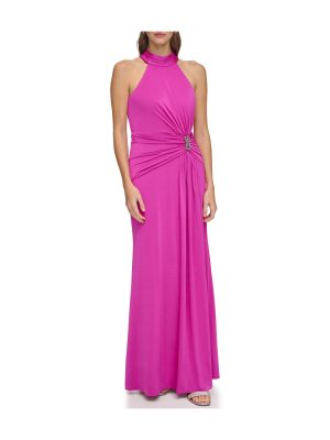 Sleeves High Neck Gown With Drape Front Berry