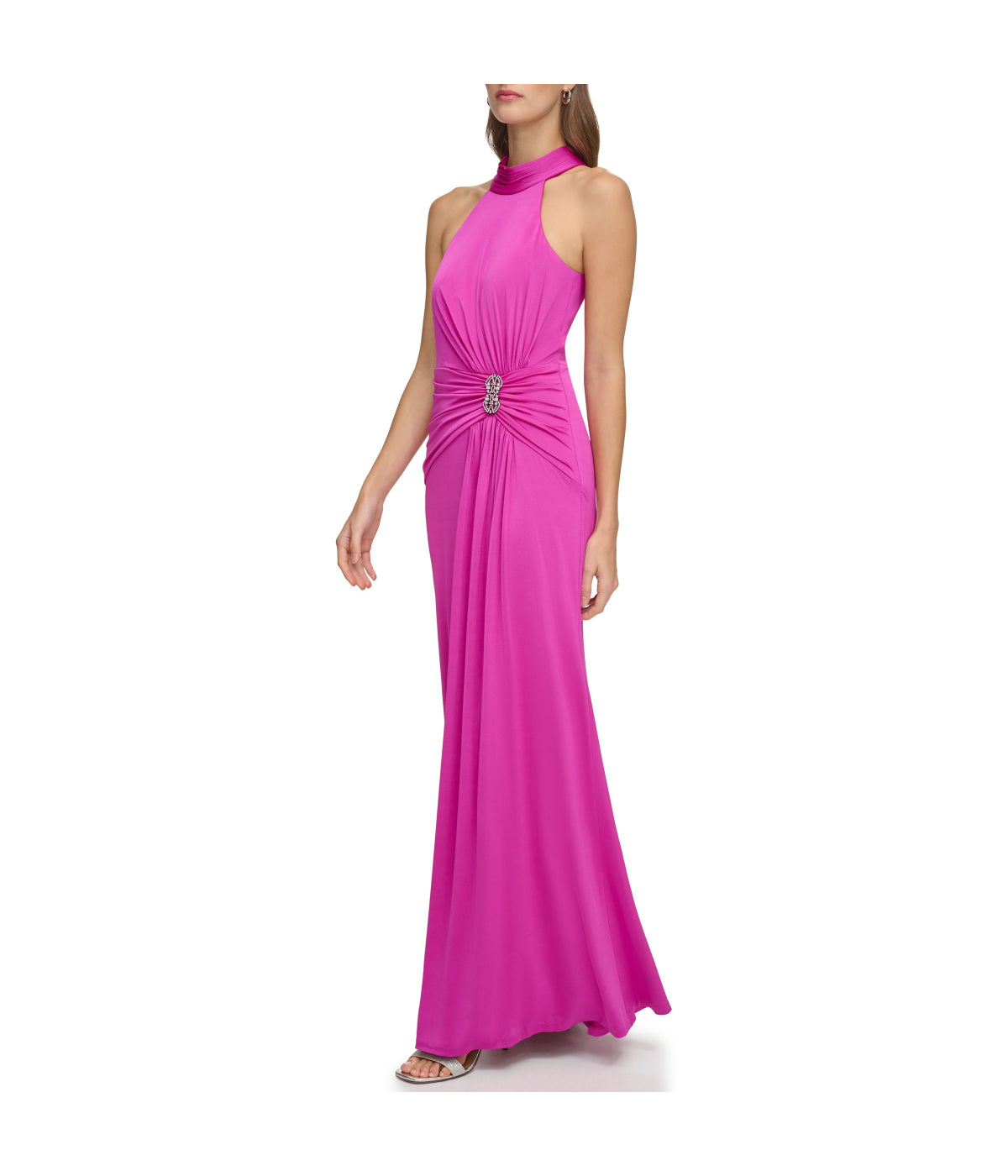 Sleeves High Neck Gown With Drape Front Berry - Image 5