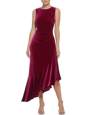 Sleeveless Cocktail Midi W/ Ruffle Fuschia
