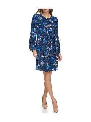 Jewel Neck Long Sleeve Fit & Flare With Trapunto Belt Navy