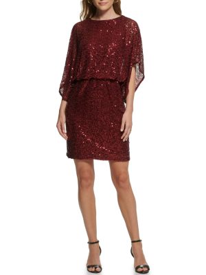 1Pc Dolman Sleeve Blouson Sheath Dress Ruby