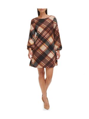 1Pc Puff Sleeve Trap Knit Melange Plaid Rust