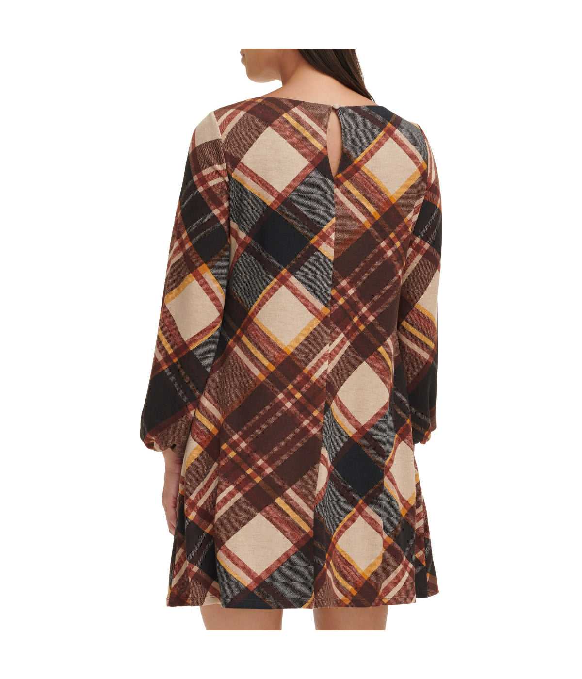 1Pc Puff Sleeve Trap Knit Melange Plaid Rust - Image 2