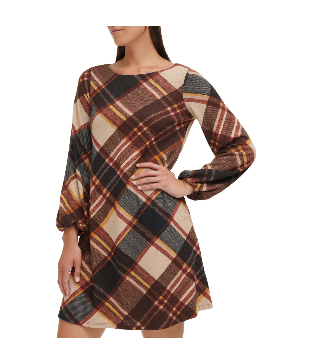 1Pc Puff Sleeve Trap Knit Melange Plaid Rust - Image 3