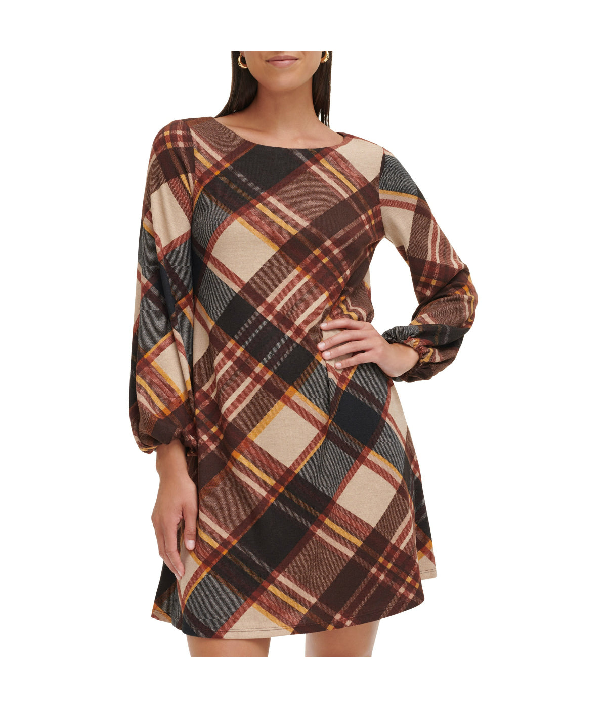 1Pc Puff Sleeve Trap Knit Melange Plaid Rust - Image 4