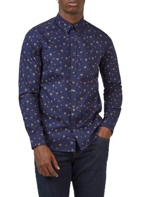 Scattered Floral Print Twill Buttondown Shirt with Long Sleeves