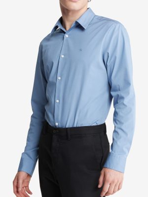 Long Sleeve Solid Stretch Slim Woven Shirt Blue