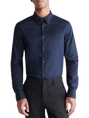 Long Sleeve Solid Stretch Slim Woven Shirt Navy