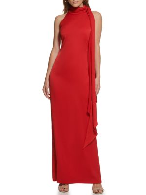 Sleeveless Tie Halter Neck Ruffle Satin Gown