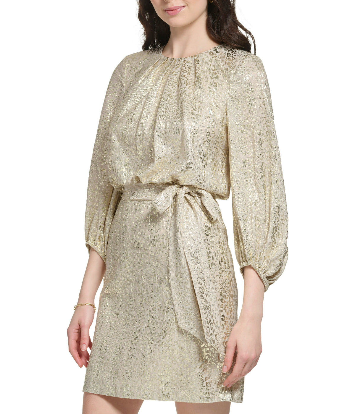Longsleeve Pleated Neck Blouson Dress Champagne - Image 3