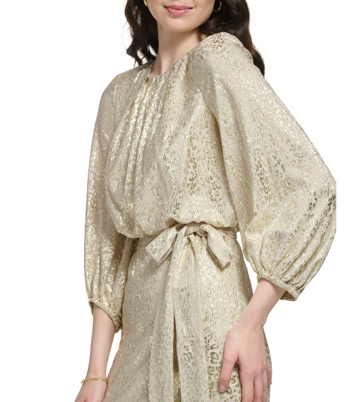 Longsleeve Pleated Neck Blouson Dress Champagne - Image 4