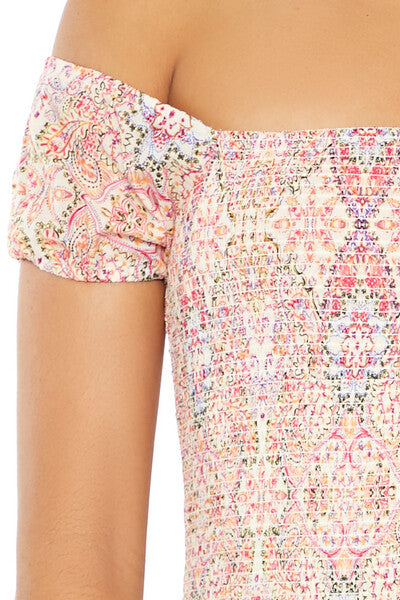 Smocked Ornate Print Mini Dress - Image 5